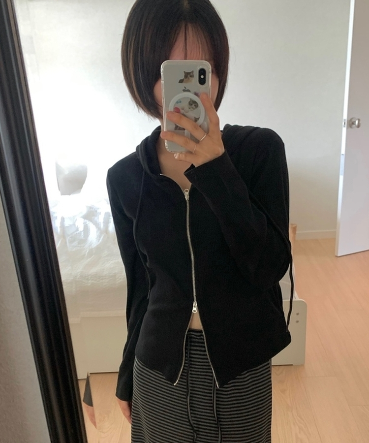 2wayリブジップアップフードトレーナー BLACK
