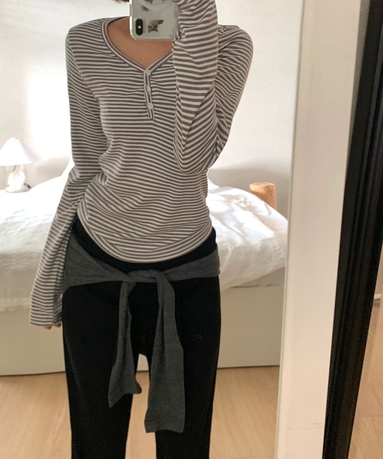 スリムボタンヘンリーネックストライプTシャツ MELANGE