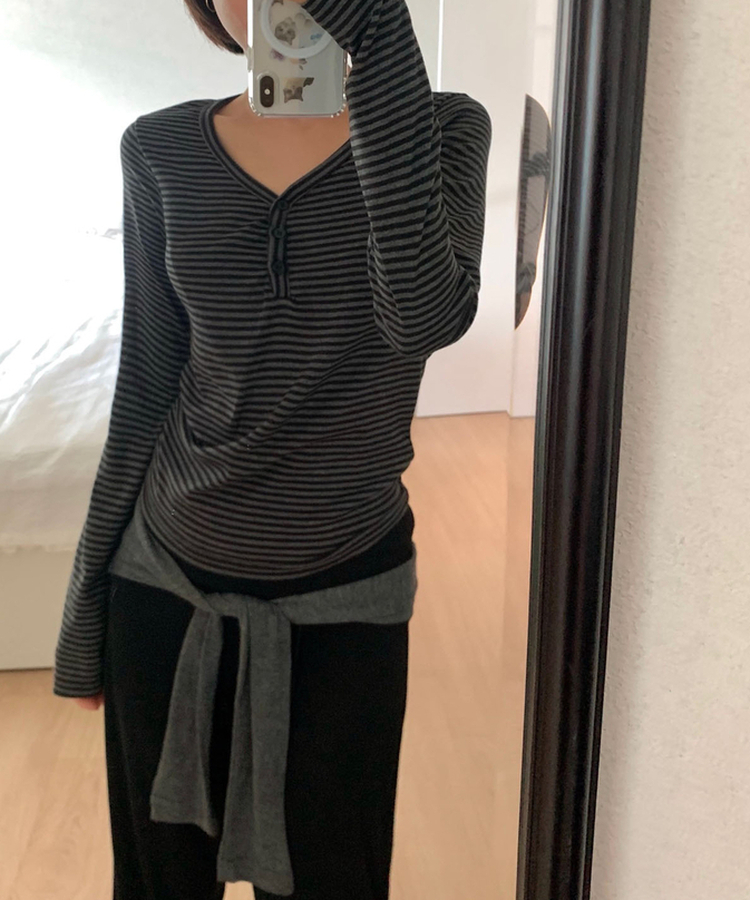 スリムボタンヘンリーネックストライプTシャツ BLACK