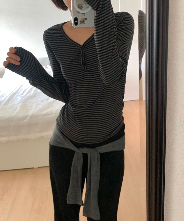 スリムボタンヘンリーネックストライプTシャツ BLACK