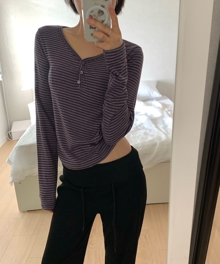 スリムボタンヘンリーネックストライプTシャツ PURPLE