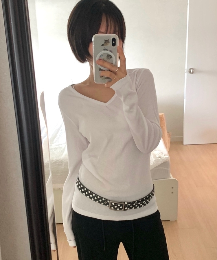 レイヤードVネックスリム長袖Tシャツ WHITE