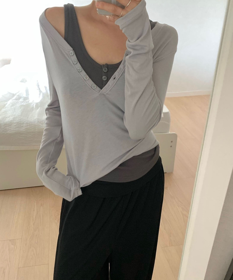 レイヤードボタンシンプル長袖Tシャツ(5color) LIGHT GREY