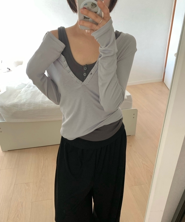 レイヤードボタンシンプル長袖Tシャツ(5color) LIGHT GREY