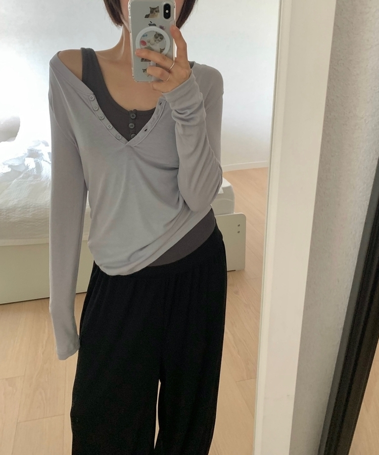 レイヤードボタンシンプル長袖Tシャツ(5color) LIGHT GREY