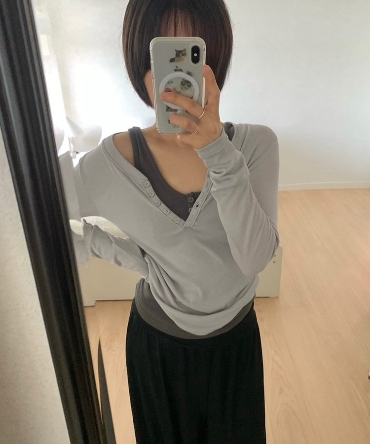 レイヤードボタンシンプル長袖Tシャツ(5color) LIGHT GREY
