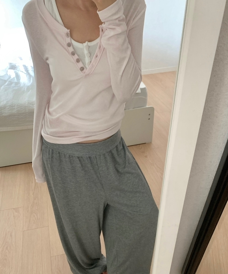 レイヤードボタンシンプル長袖Tシャツ(5color) PINK