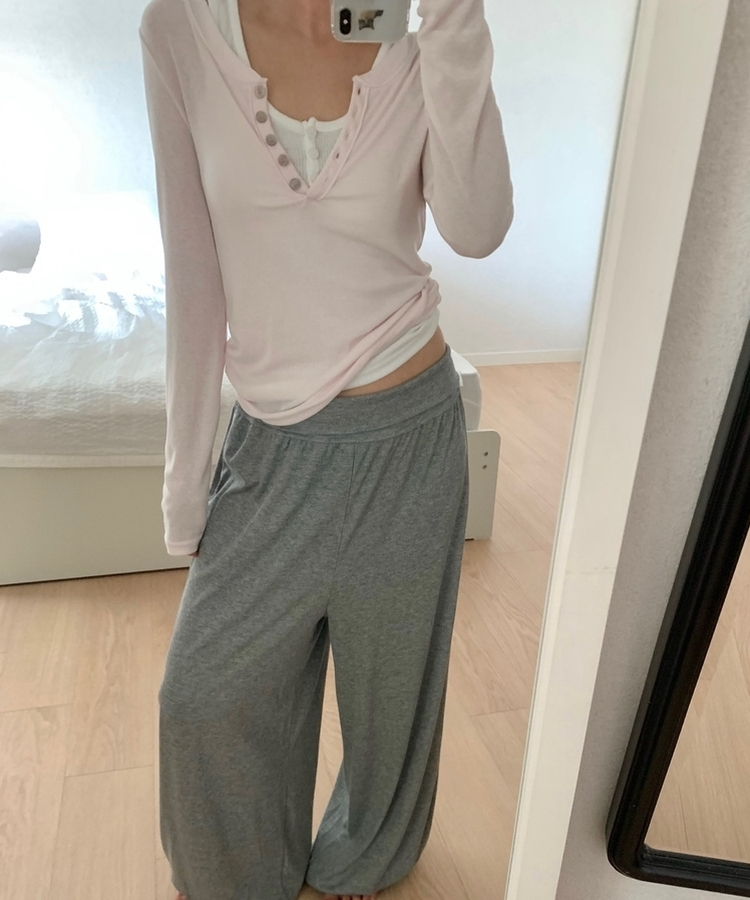レイヤードボタンシンプル長袖Tシャツ(5color) PINK