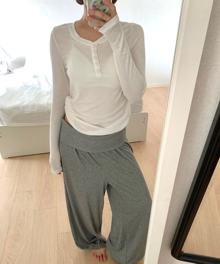 レイヤードボタンシンプル長袖Tシャツ(5color) WHITE