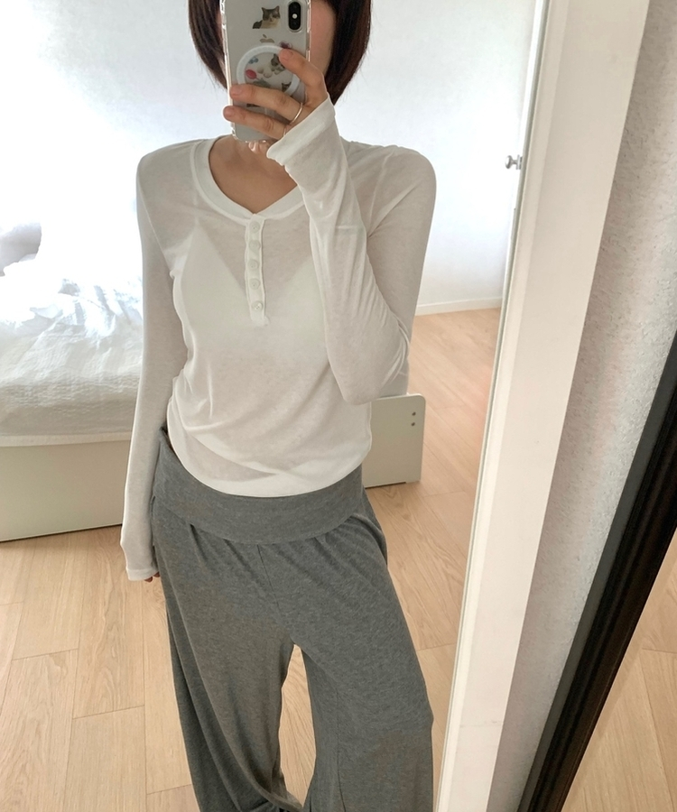 レイヤードボタンシンプル長袖Tシャツ(5color) WHITE