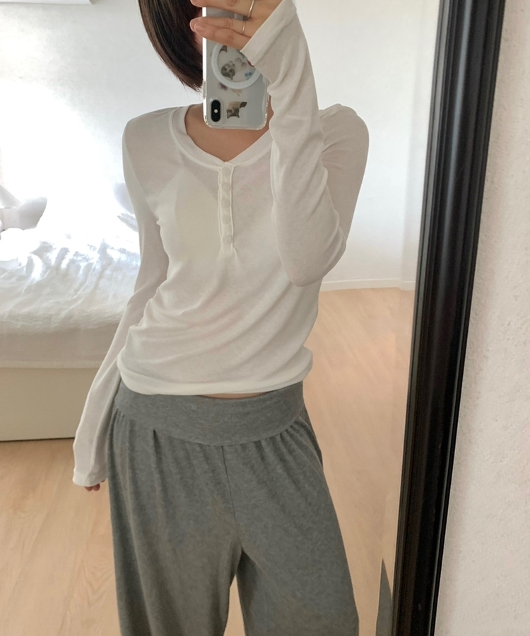 レイヤードボタンシンプル長袖Tシャツ(5color) WHITE