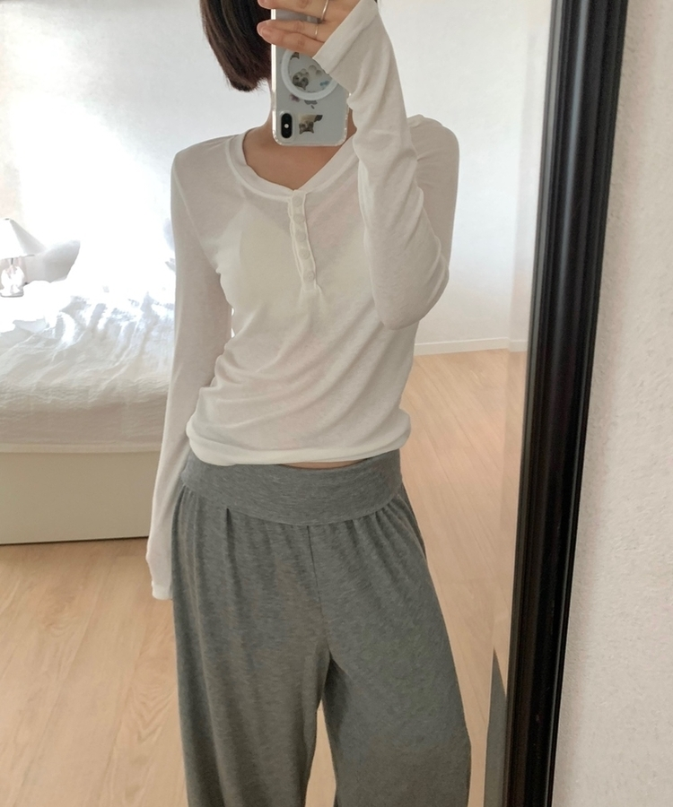 レイヤードボタンシンプル長袖Tシャツ(5color) WHITE