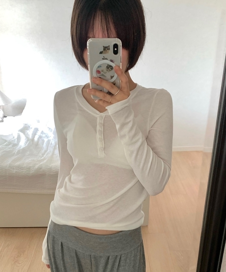 レイヤードボタンシンプル長袖Tシャツ(5color) WHITE