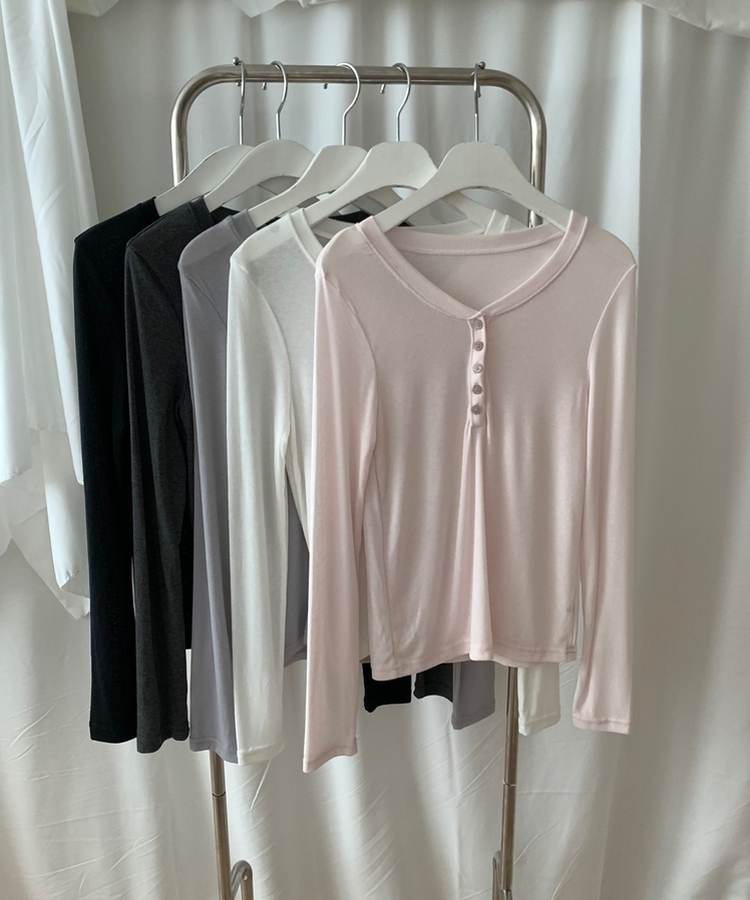 レイヤードボタンシンプル長袖Tシャツ(5color)