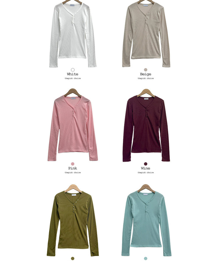 ヘンリーネックスリムボタンリブ長袖Tシャツ(10color)