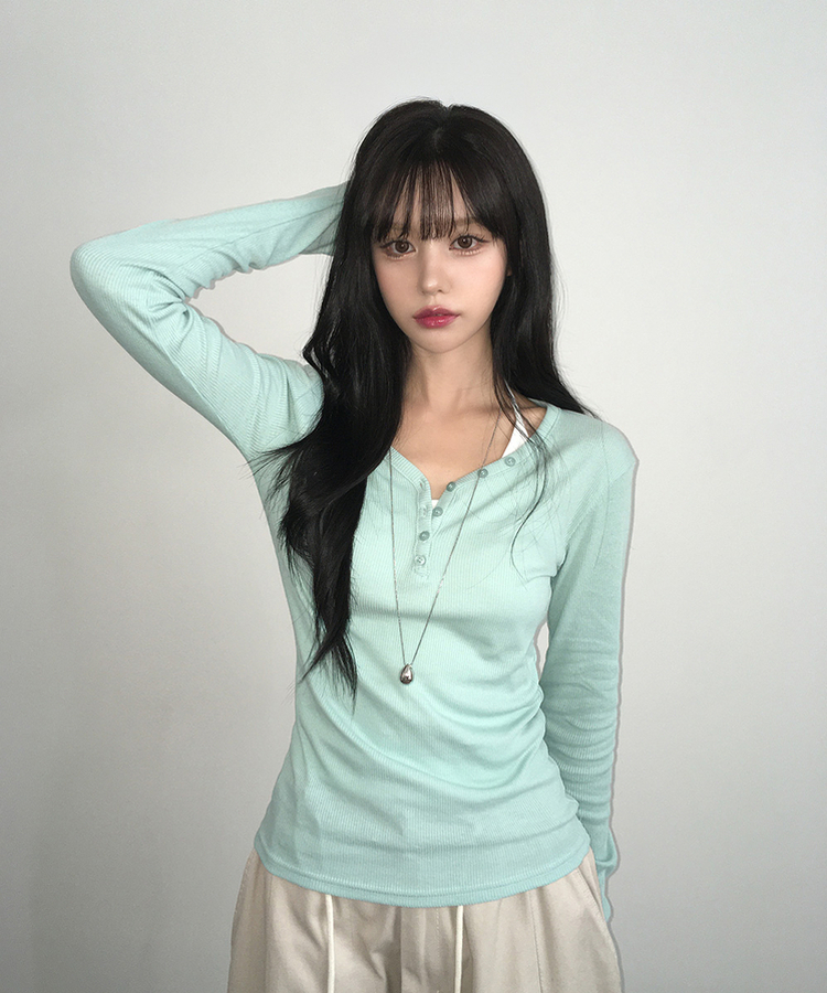 ヘンリーネックスリムボタンリブ長袖Tシャツ(10color) MINT