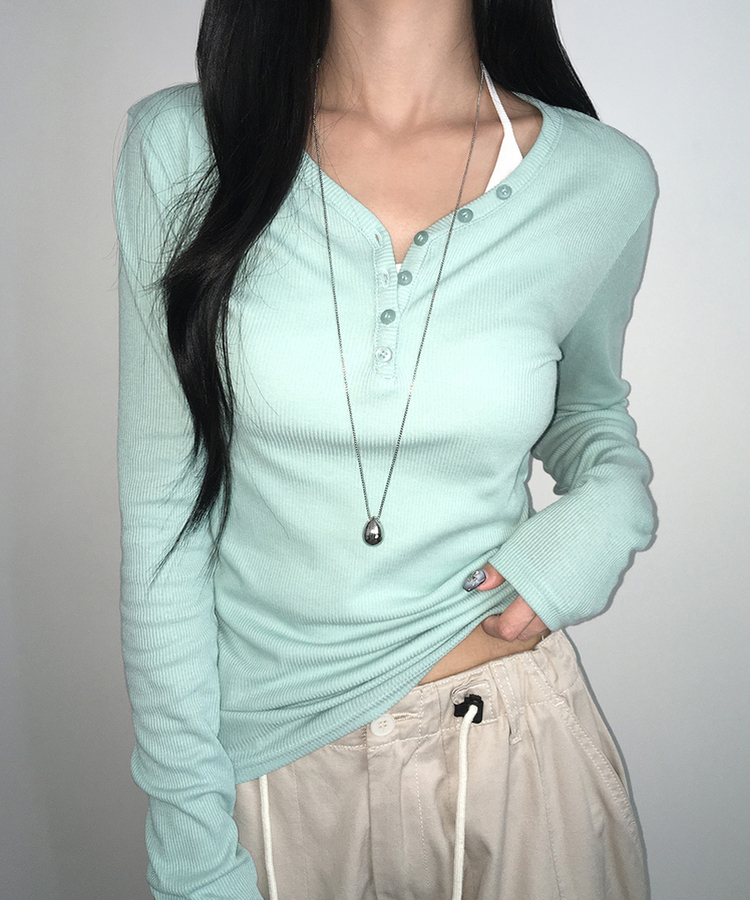 ヘンリーネックスリムボタンリブ長袖Tシャツ(10color) MINT