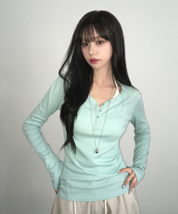 ヘンリーネックスリムボタンリブ長袖Tシャツ(10color) MINT