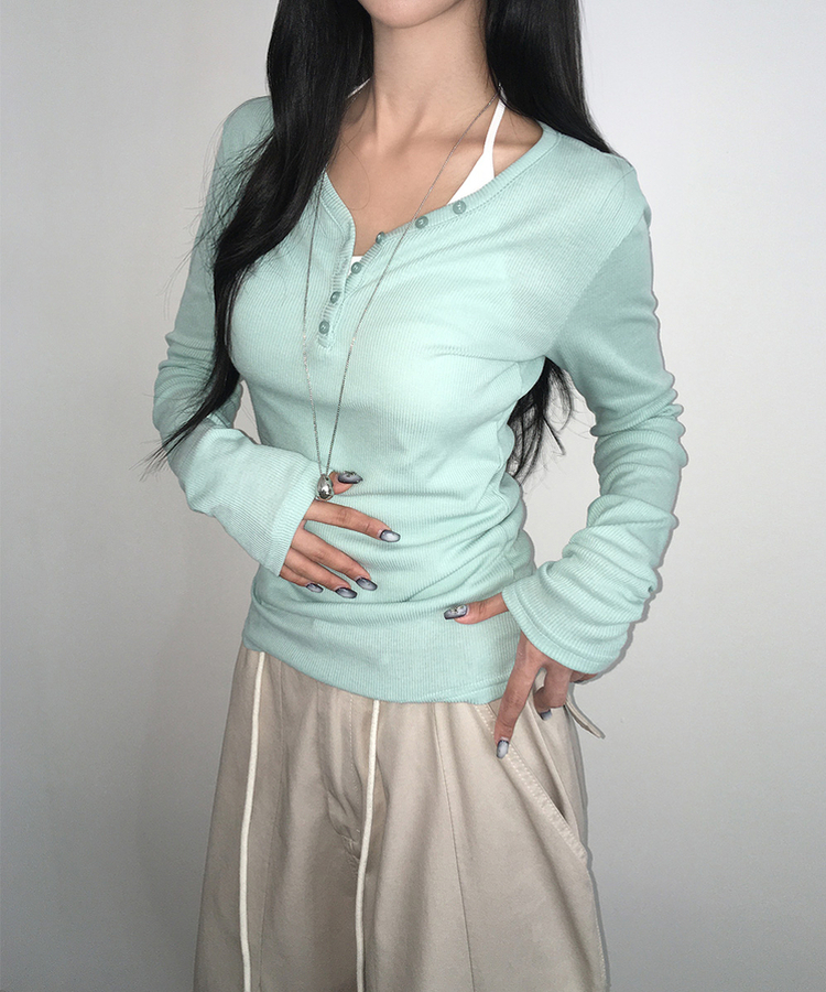 ヘンリーネックスリムボタンリブ長袖Tシャツ(10color) MINT