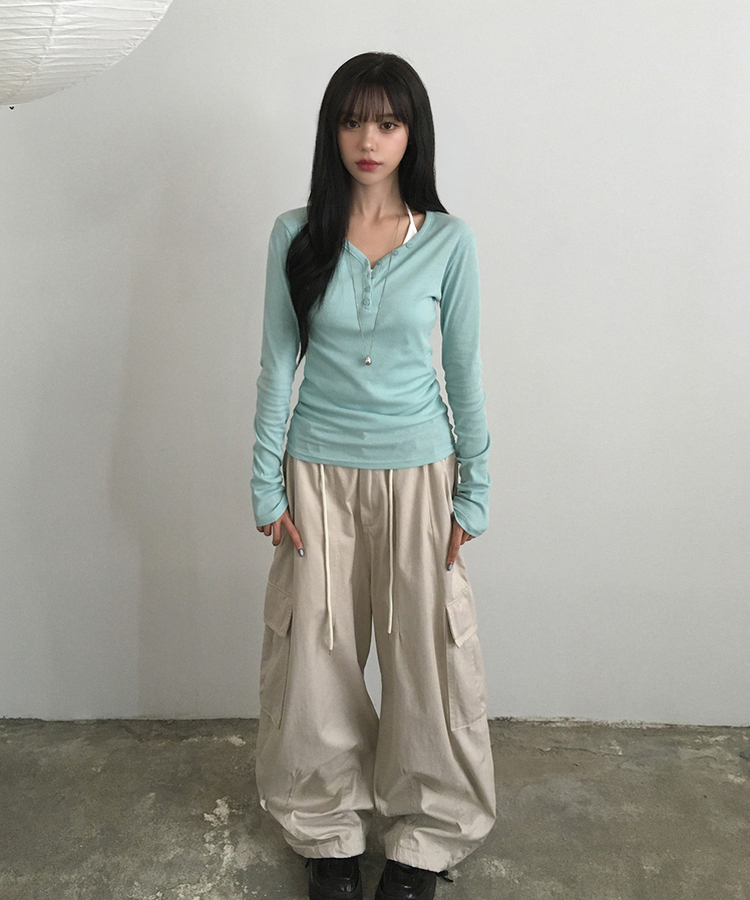 ヘンリーネックスリムボタンリブ長袖Tシャツ(10color) MINT