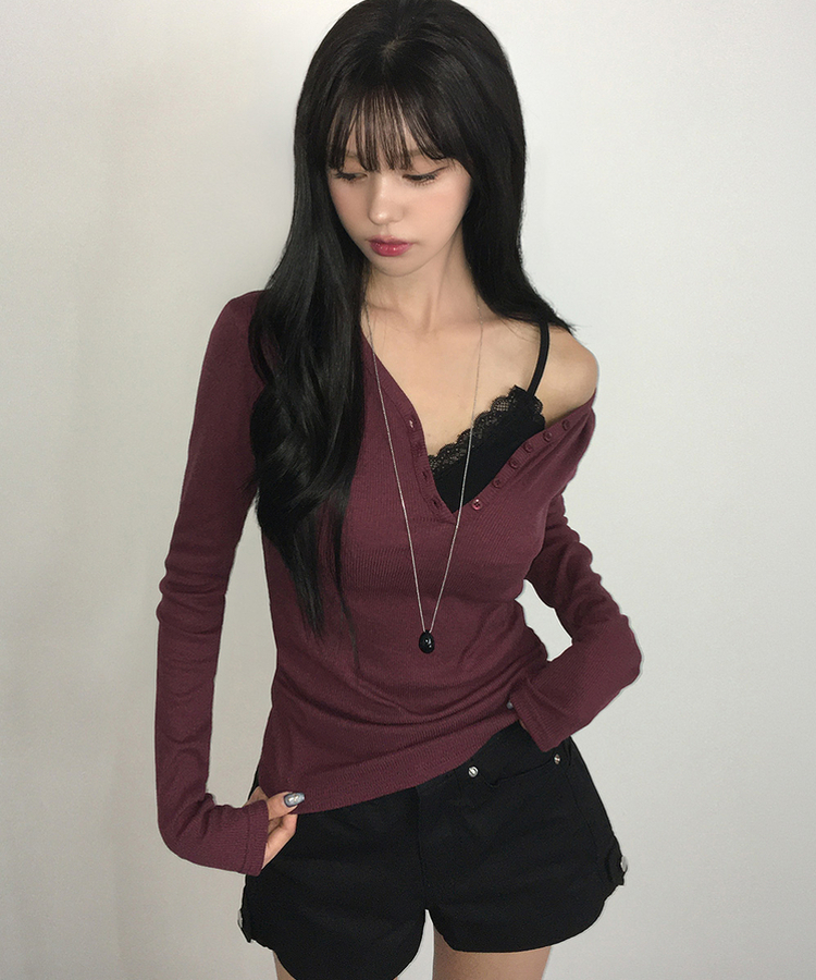 ヘンリーネックスリムボタンリブ長袖Tシャツ(10color) WINE