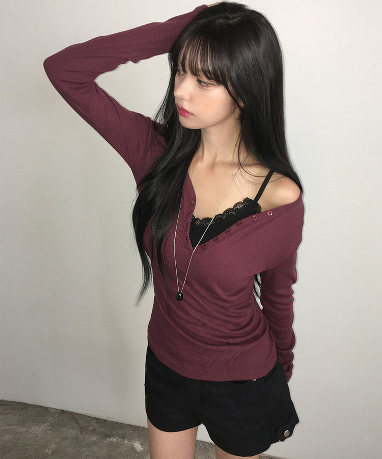 ヘンリーネックスリムボタンリブ長袖Tシャツ(10color) WINE