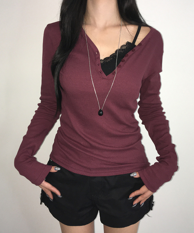 ヘンリーネックスリムボタンリブ長袖Tシャツ(10color) WINE