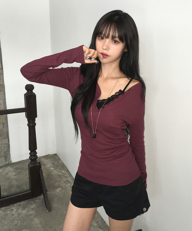 ヘンリーネックスリムボタンリブ長袖Tシャツ(10color) WINE