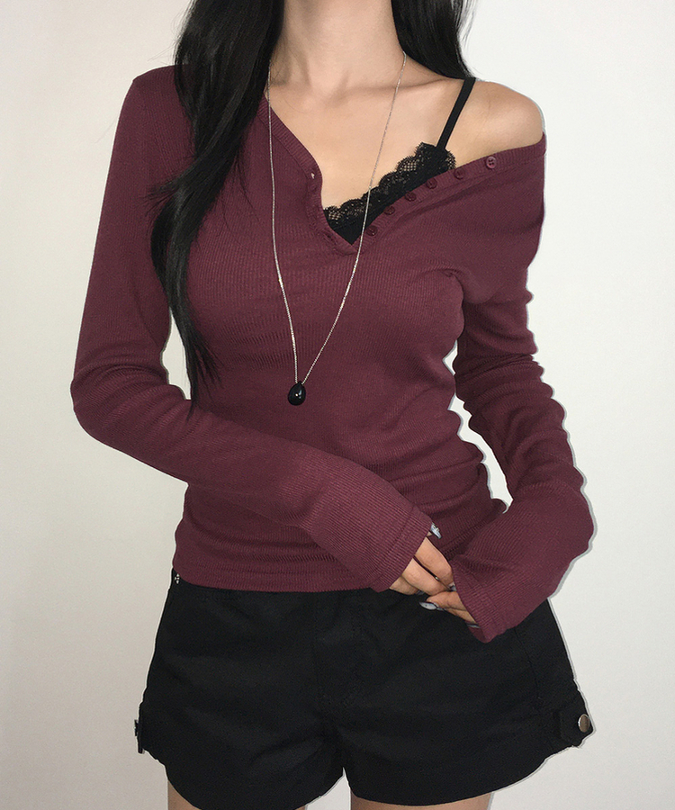 ヘンリーネックスリムボタンリブ長袖Tシャツ(10color) WINE
