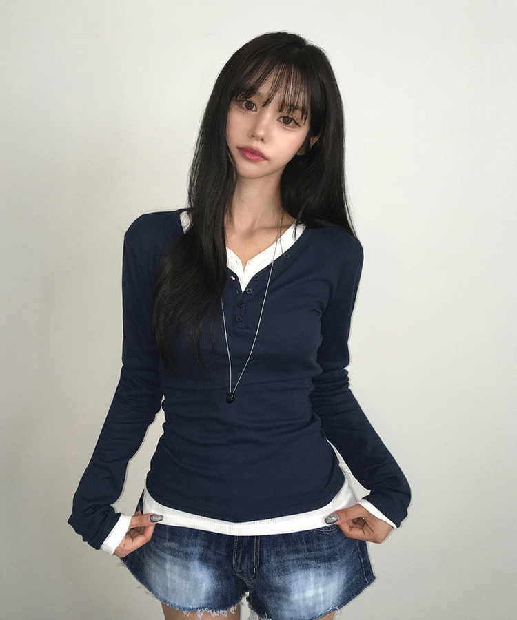 ヘンリーネックスリムボタンリブ長袖Tシャツ(10color) NAVY