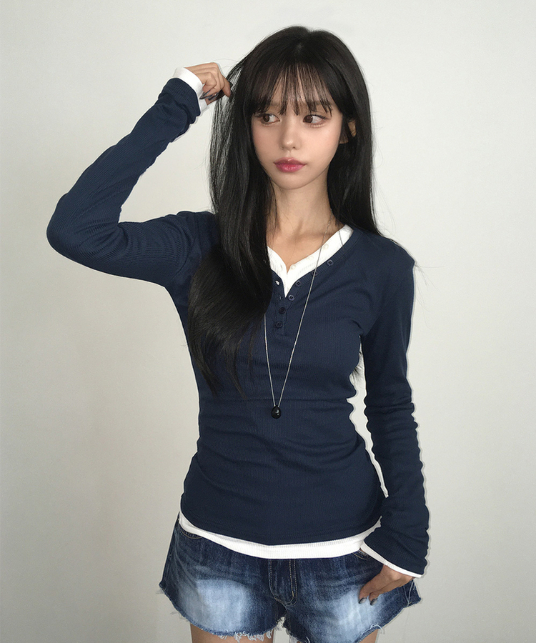 ヘンリーネックスリムボタンリブ長袖Tシャツ(10color) NAVY