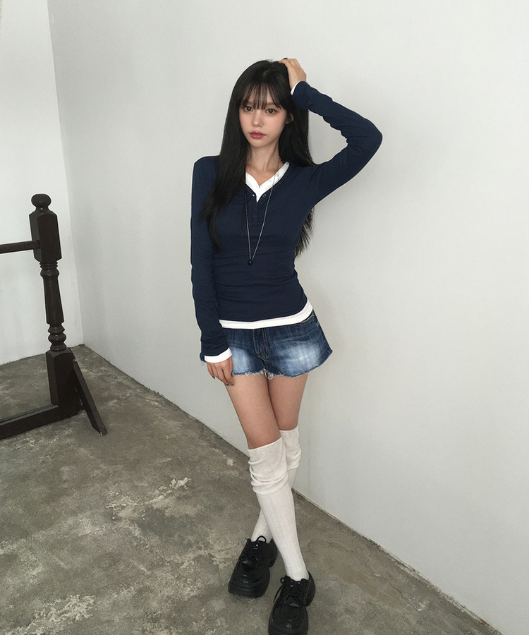 ヘンリーネックスリムボタンリブ長袖Tシャツ(10color) NAVY