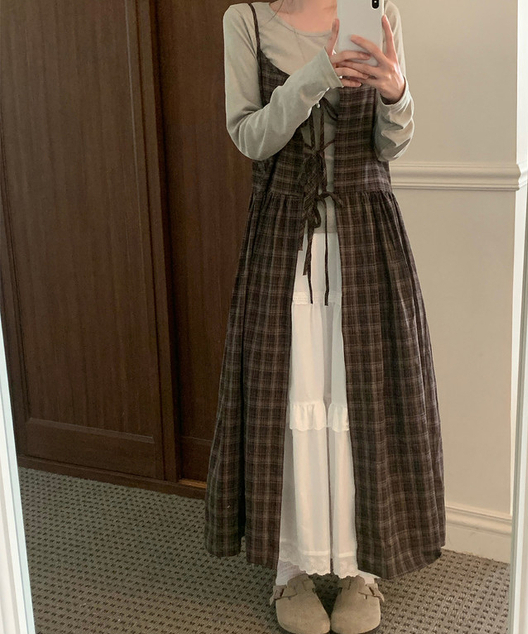 ビンテージチェックリボンビスチェワンピース BROWN