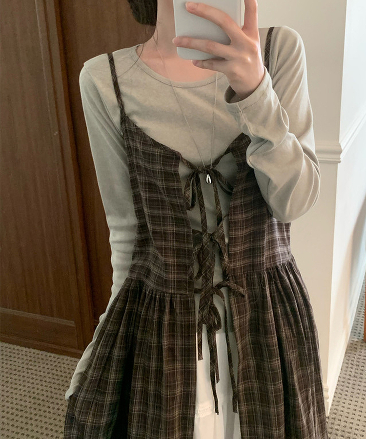 ビンテージチェックリボンビスチェワンピース BROWN