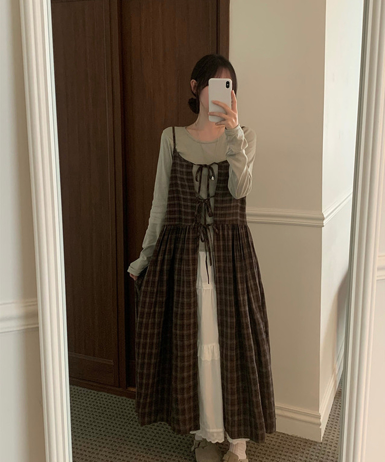 ビンテージチェックリボンビスチェワンピース BROWN
