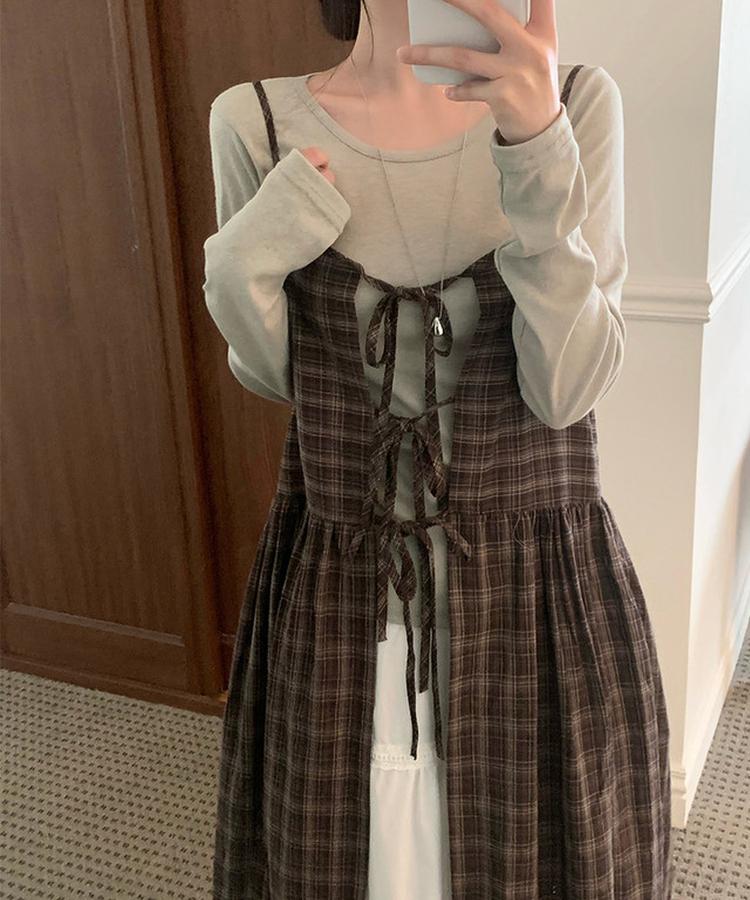 ビンテージチェックリボンビスチェワンピース BROWN