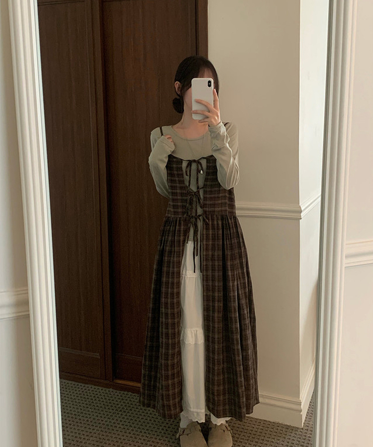 ビンテージチェックリボンビスチェワンピース BROWN