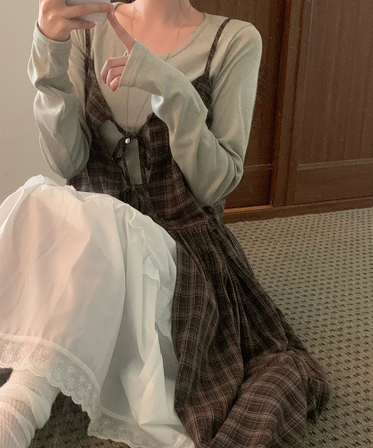 ビンテージチェックリボンビスチェワンピース BROWN