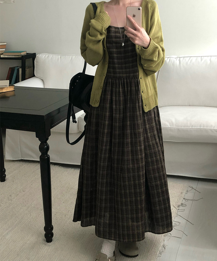ビンテージチェックリボンビスチェワンピース BROWN