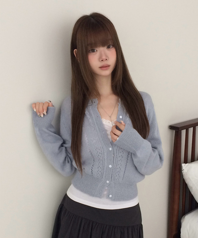 ラウンドネックセミクロップドメッシュカーディガン(5color) SKY BLUE