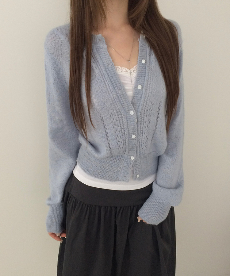 ラウンドネックセミクロップドメッシュカーディガン(5color) SKY BLUE