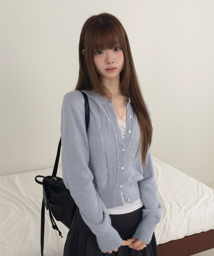 ラウンドネックセミクロップドメッシュカーディガン(5color) SKY BLUE