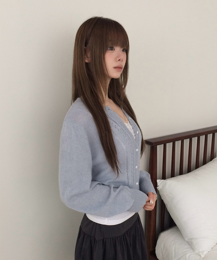 ラウンドネックセミクロップドメッシュカーディガン(5color) SKY BLUE