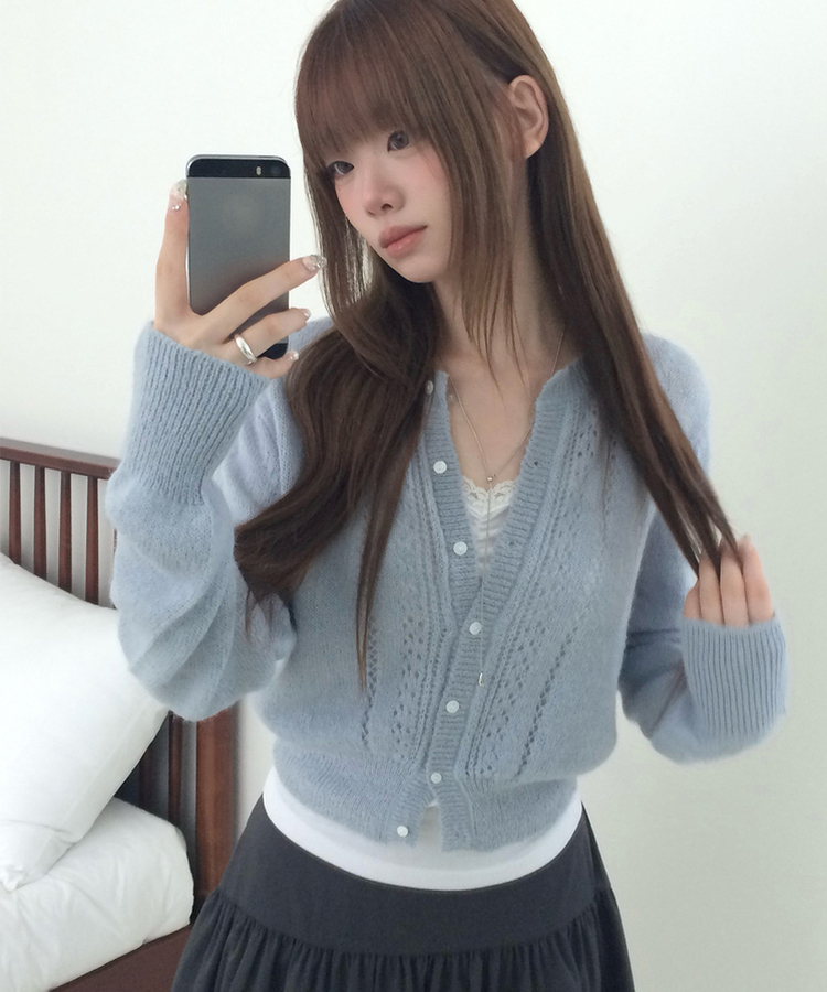 ラウンドネックセミクロップドメッシュカーディガン(5color) SKY BLUE