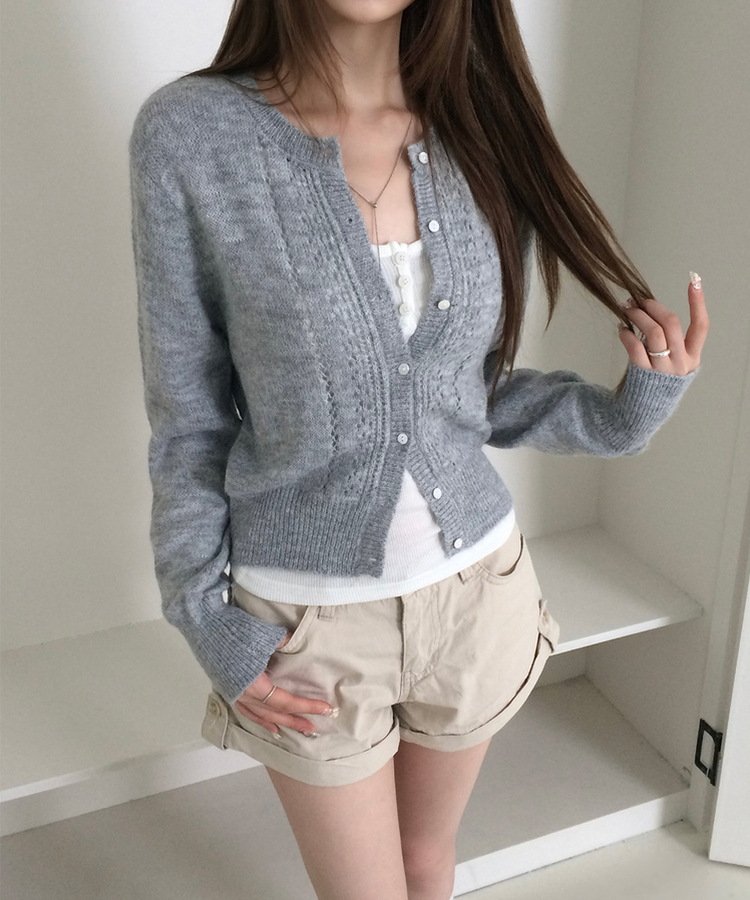 ラウンドネックセミクロップドメッシュカーディガン(5color) GREY
