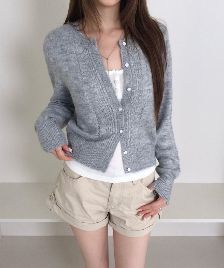 ラウンドネックセミクロップドメッシュカーディガン(5color) GREY