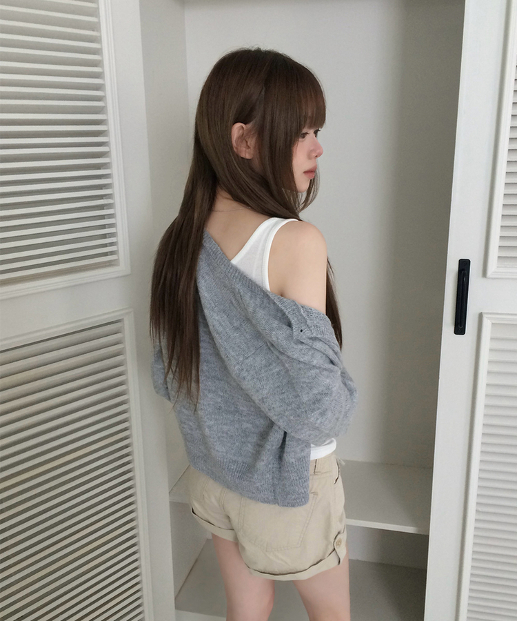 ラウンドネックセミクロップドメッシュカーディガン(5color) GREY