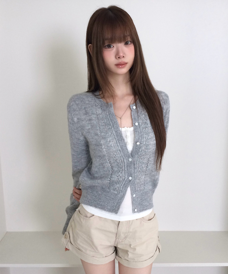 ラウンドネックセミクロップドメッシュカーディガン(5color) GREY