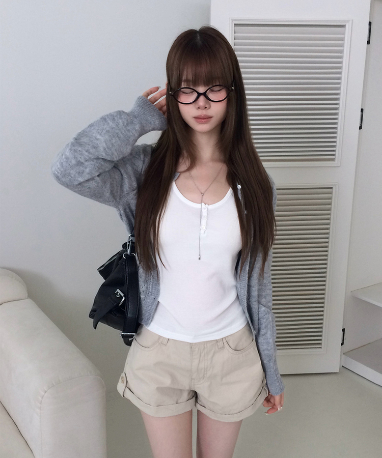 ラウンドネックセミクロップドメッシュカーディガン(5color) GREY