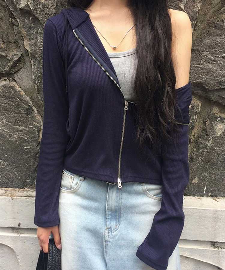 リブスリムジップアップパーカー NAVY